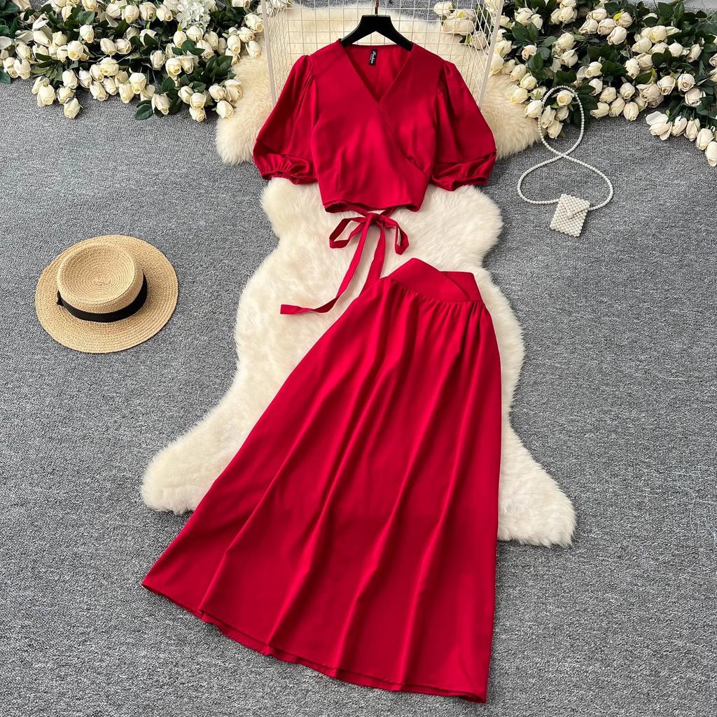 French Style Set with Women's Design Sense, Tie Up Waist, V-neck, Bubble Sleeve Shirt, High Waist, Big Swing Skirt, Two-piece Skirt Set
