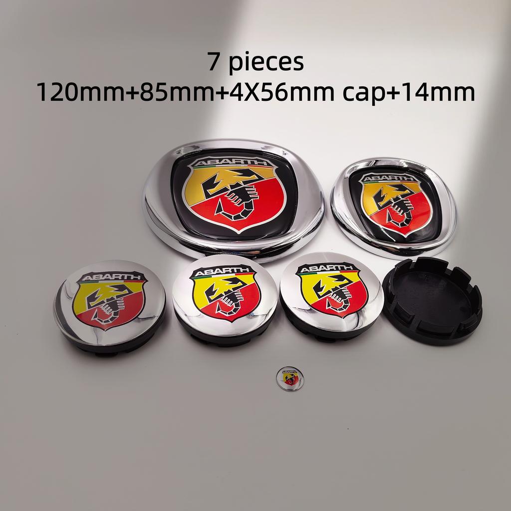 7pcs fiat Abarth Car Hood Front Bonnet Grill Rear Trunk Emblem Logo Badge 85/95/100/120mm Car Wheel Center Caps Hubcap Cover