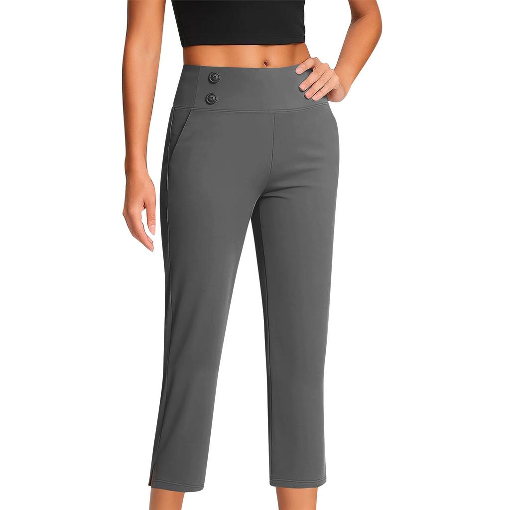 Women's Fashionable Solid Color Straight Leg Pants With High Waist Button Pockets And Elastic Waist Casual Pants