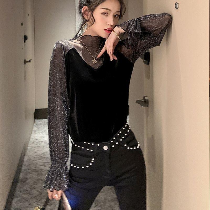 Autumn Winter New Mesh Lace Bottoming Shirt Fashion Bright Silk Splicing Velvet Tshirt M-4XL