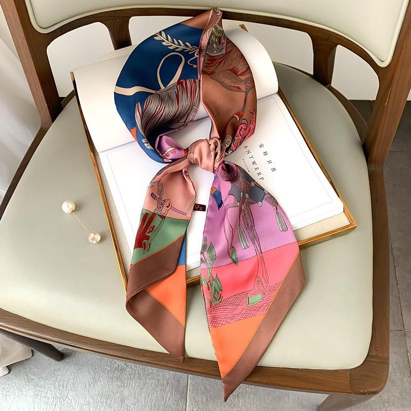 Elegant Narrow Silk Scarf Women Vintage Style Long Triangle Necktie Hair Band Lightweight Accessory In Green Brown