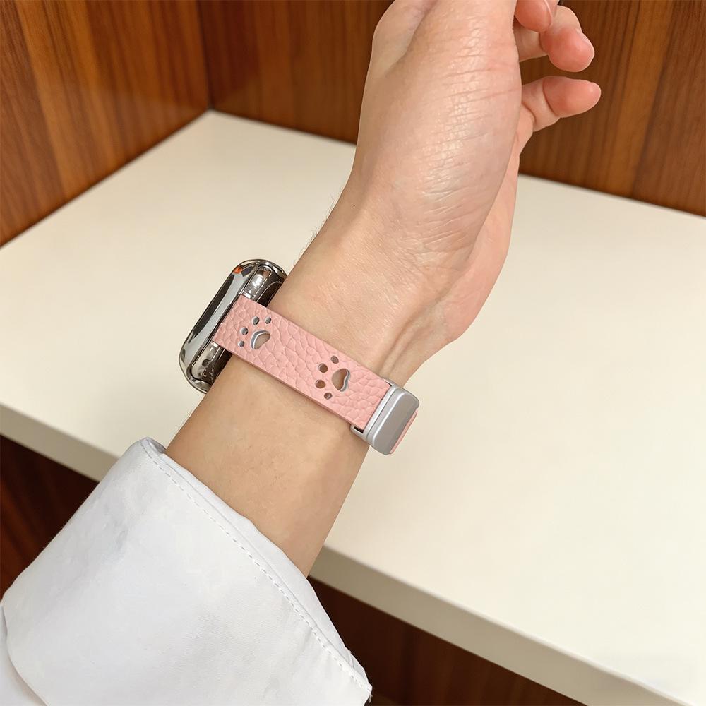 Совместимый кожаный магнитный ремешок для Apple Watch Series 11/SE и Huawei GT6/Xiaomi с дизайном в виде кошачьих лапок.
