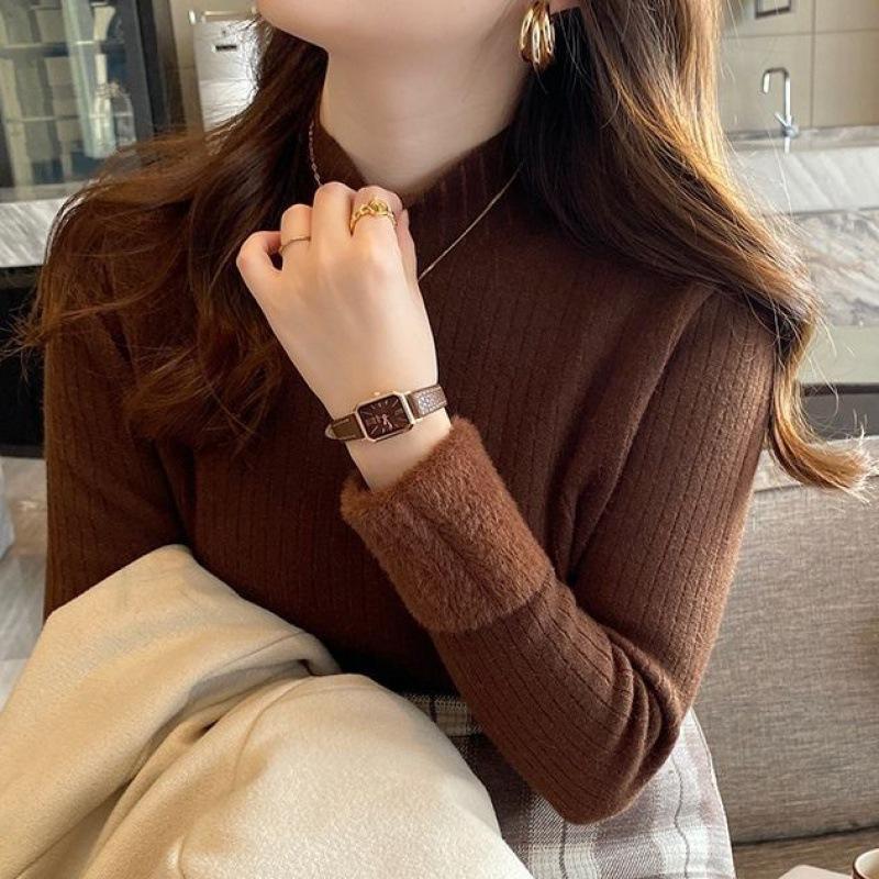 Женская бежевая бархатная вязаная водолазка, женское корейское сексуальное нижнее белье, теплая зимняя одежда, пуловеры, свитер для женщин