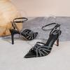 New One-word Rhinestone High-heeled Sandals with Thin Heels and Pointed Toes, Sexy Open-toed Fashion Versatile High Heels
