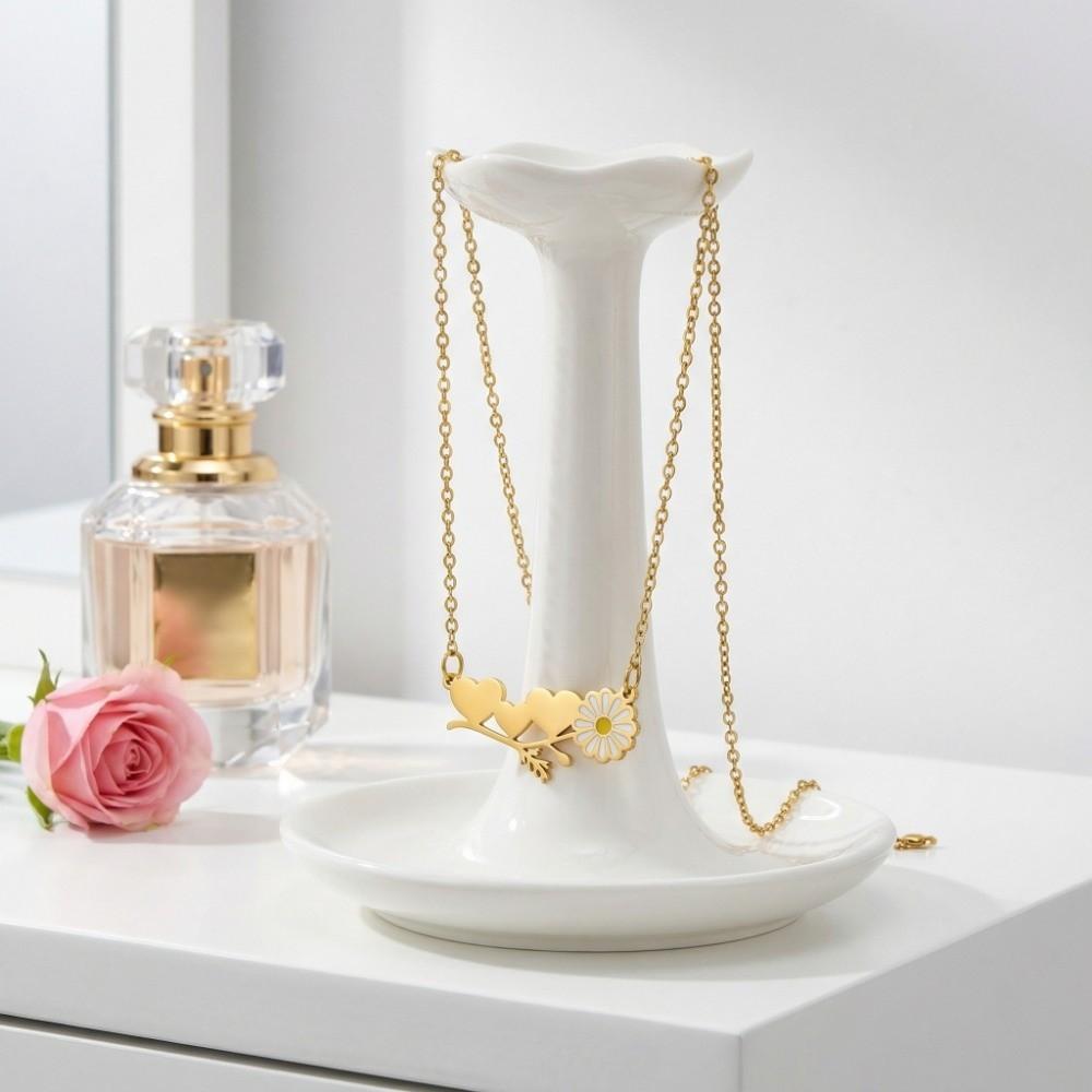 Gold Silver Heart Daisy Pendant Necklace Stainless Steel Heart Flower Necklace Couple
