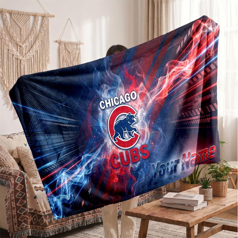 Chicago Cubs Flannel Blanket, Custom Name Text Personalized Soft Throw Blanket Home Decor Gift