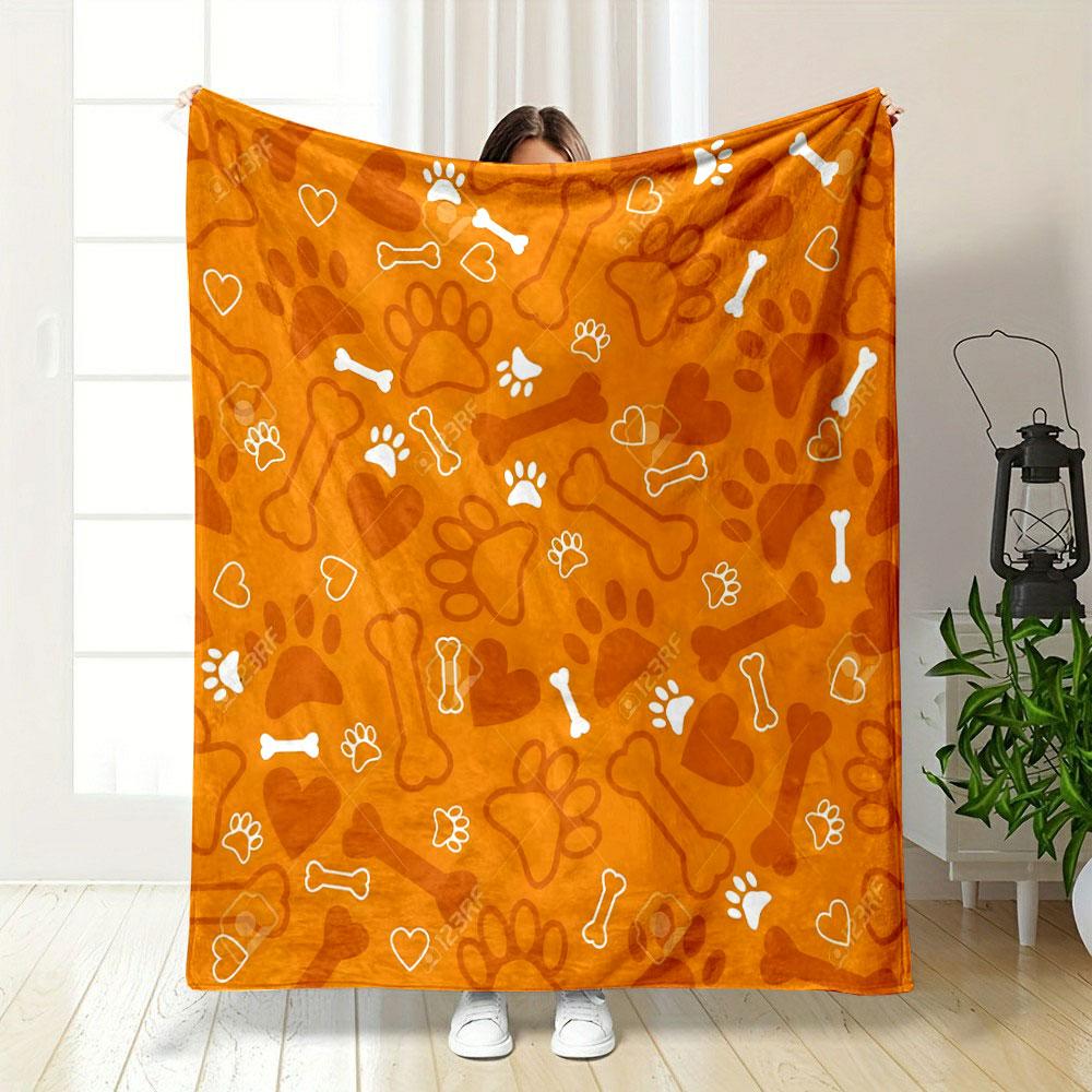 Orange Paw and Bone Pattern Patterned blanket, flannel, suitable for all seasons, home decor, warm and cozy