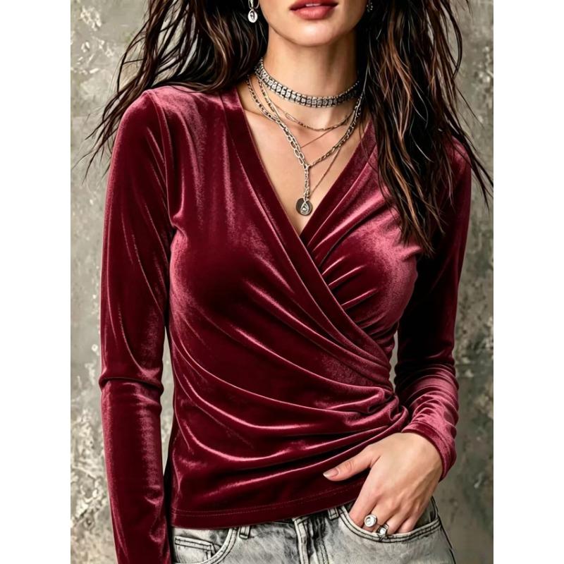 Женская повседневная футболка с длинным рукавом, однотонный бархат, V-образный вырез