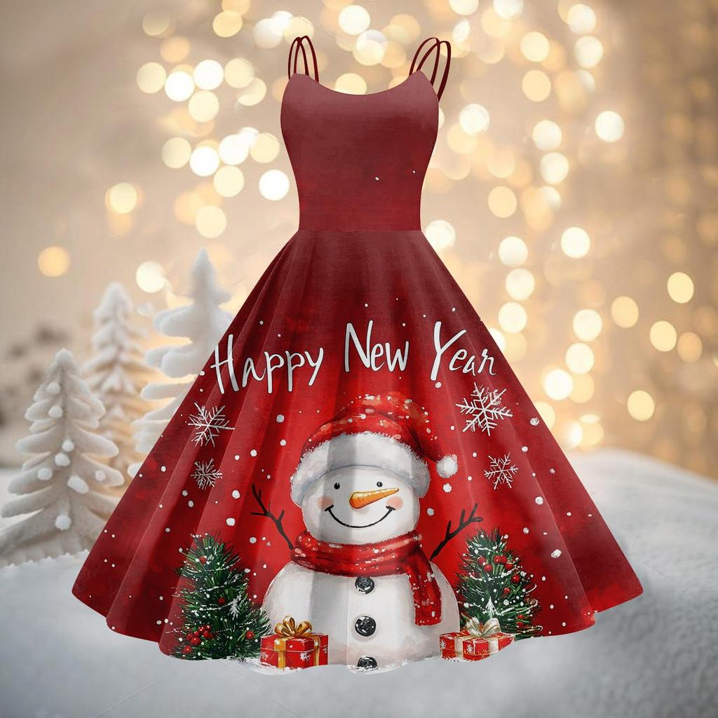 Women's Fashion Christmas Printed Sexy Strapless Gothic Cocktail Dress Punk, Vintage Dress