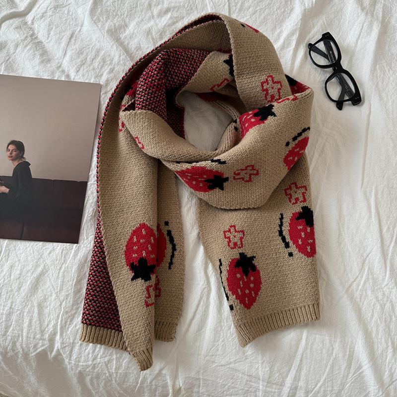 New Year Green Strawberry Christmas Scarf Women's Winter Atmosphere Korean Style Versatile Shawl Warm Long Knitted Scarf