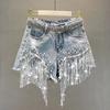 Denim Shorts Women's Summer Clothes High Waist Thin Heavy Industry Beaded Sequined Fringed Broken Copper Jeans
