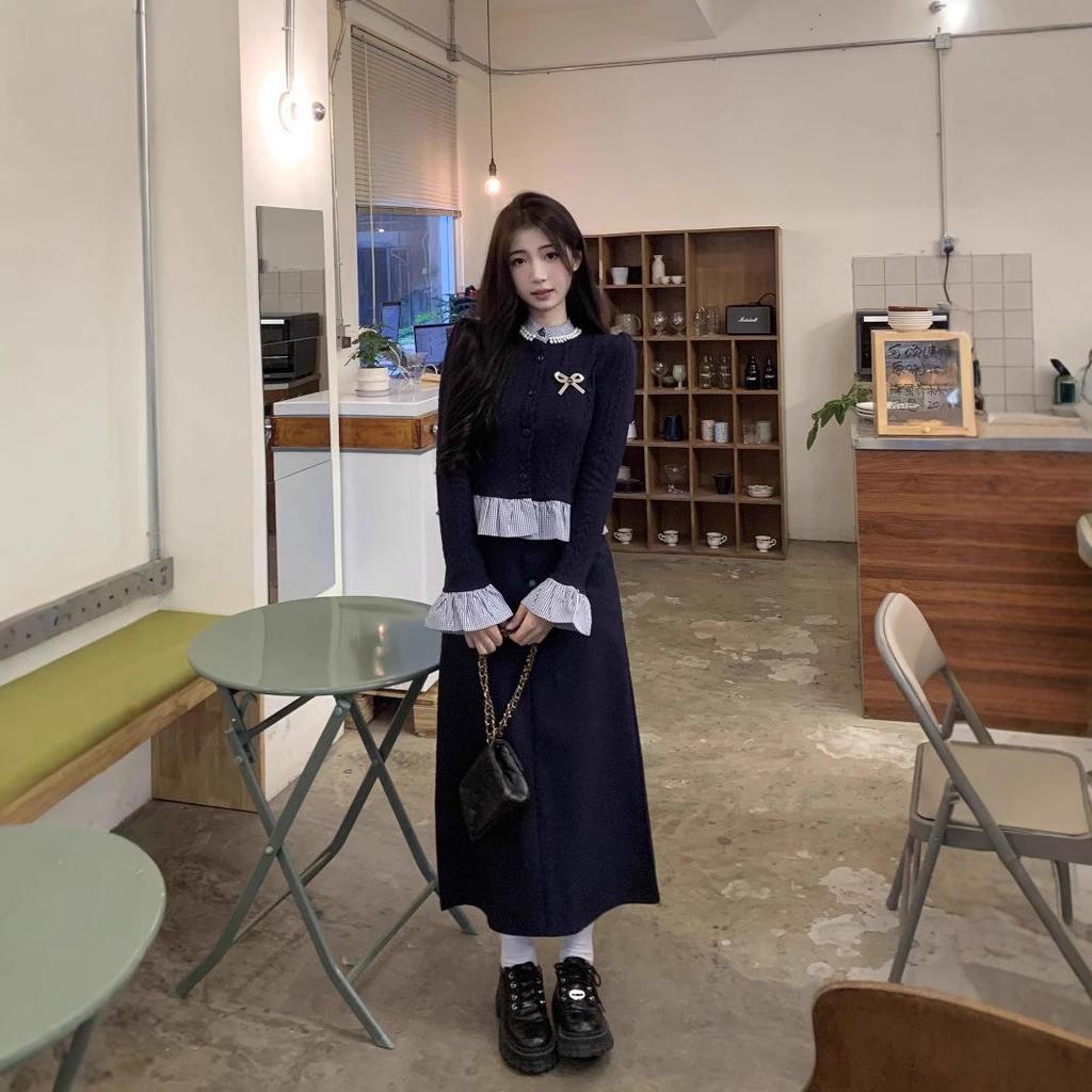 Женский костюм-двойка в студенческом стиле: Элегантная длинная юбка с завышенной талией на весну и осень