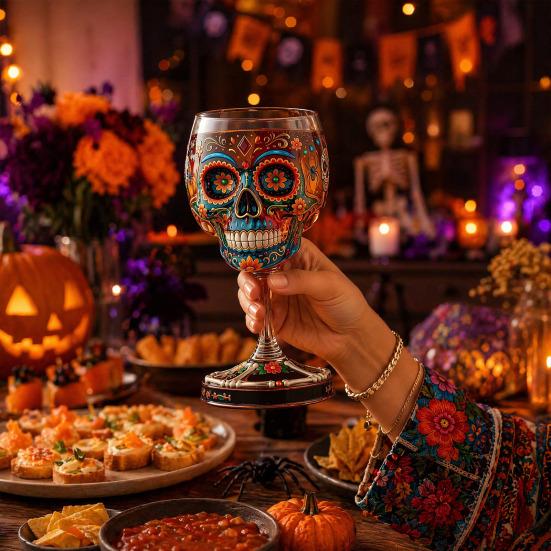 Gothic Skull Wine Glass, Hand Painted Skeleton Goblet, Day of The Dead Decor, Unique Bar Gift for Halloween