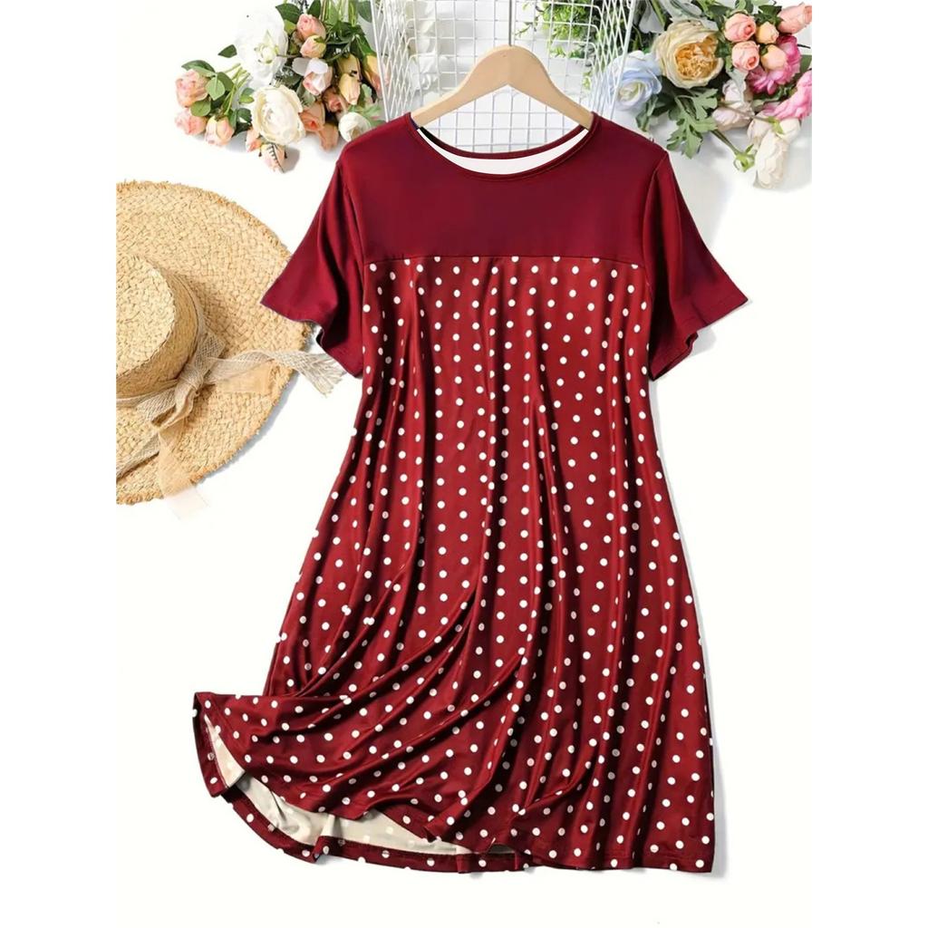 Damska piżama sukienka z krótkim rękawem z okrągłym dekoltem w kropki Wygodna sukienka