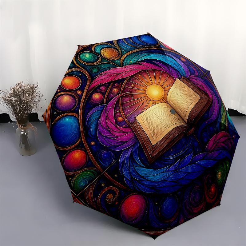 Colorful Mandala Art: Open Book with Feathers and SwirlsUmbrella, Portable 3-Fold Compact Umbrella for Men & Women Gift