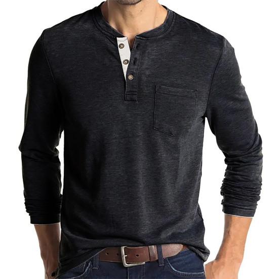 Men O Neck Autumn Winter Solid Color Long Sleeve Pocket Shirt Buttons Neck Pullover Top for