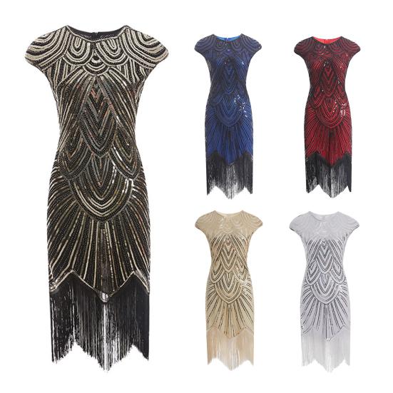 Женское платье с пайетками, винтажное вечернее платье для выпускного вечера без рукавов с круглым вырезом и застежкой-молнией сзади с бахромой по краю, облегающее женское платье