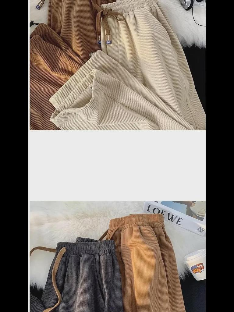 Men's Japanese Retro Corduroy Drawstring Pants - Loose, Wide-Leg, Straight Fit for Spring and Autumn