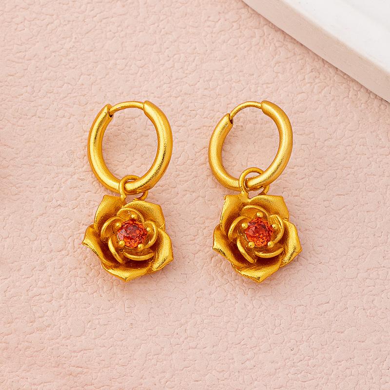 New sand gold inlaid three-dimensional rose pendant earrings exquisite high-end sand gold earrings