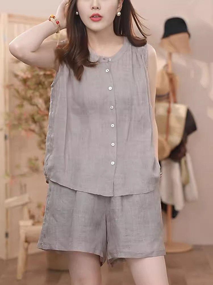Women's Summer Linen Slimming Two-Piece Set: Sleeveless Sport Shirt & Shorts