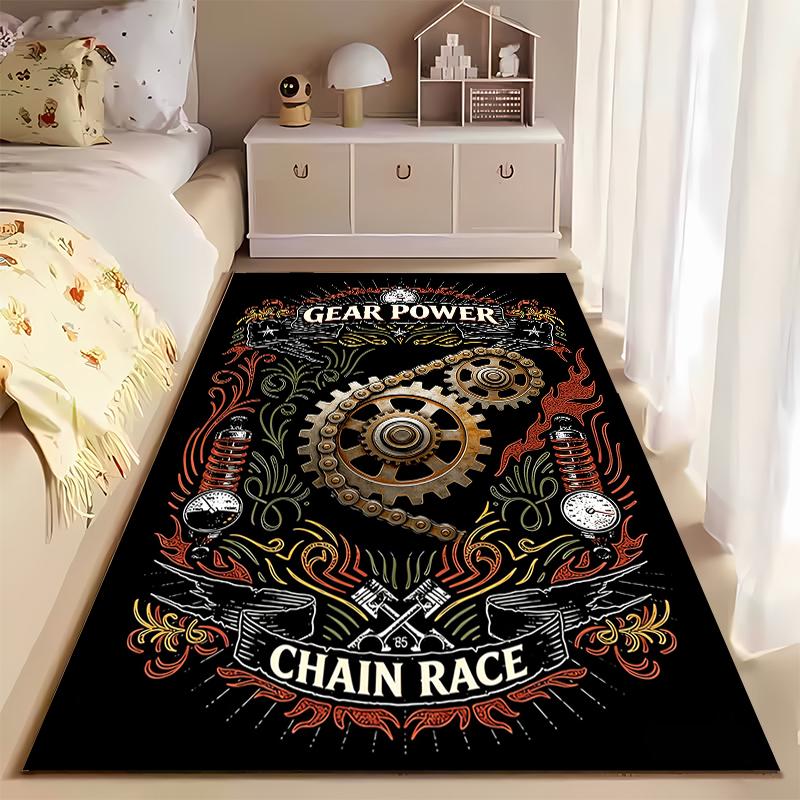 Industrial Gear Design Carpet with "Gear Power" and "Chain Race" Print Suitable for use as an anti-slip for living room bedroom sofas