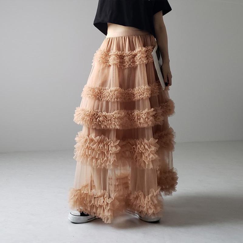 Japanese Style Spring/Summer Women's A-Line Midi Skirt with Anti-Exposure Hand-Stitched Three-Layer Net Yarn