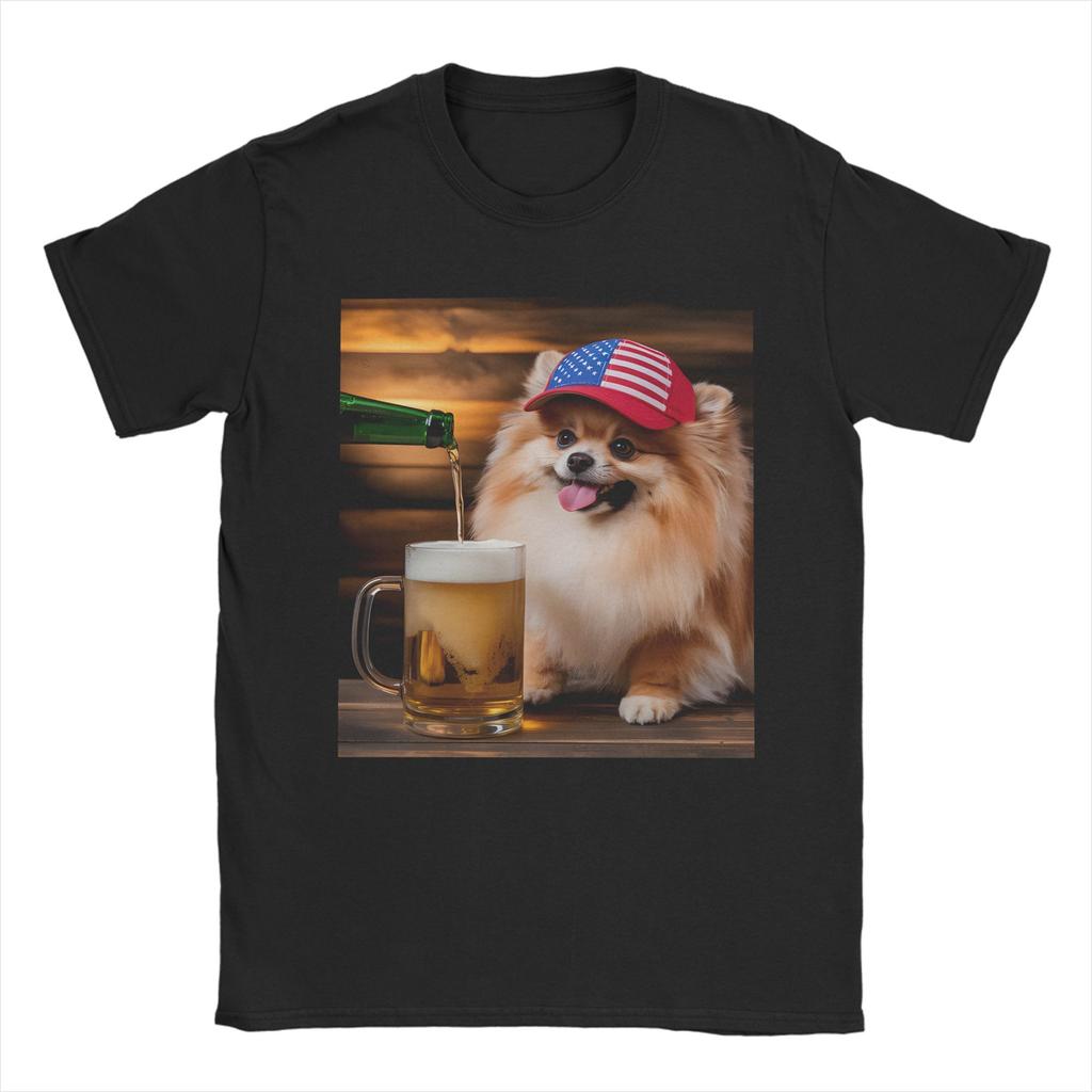 Unisex Unisex Tshirt Funny Patriotic Pomeranian Dog Drinking Beer American Pure Cotton Tees T Shirts Crewneck Clothing Plus Size
