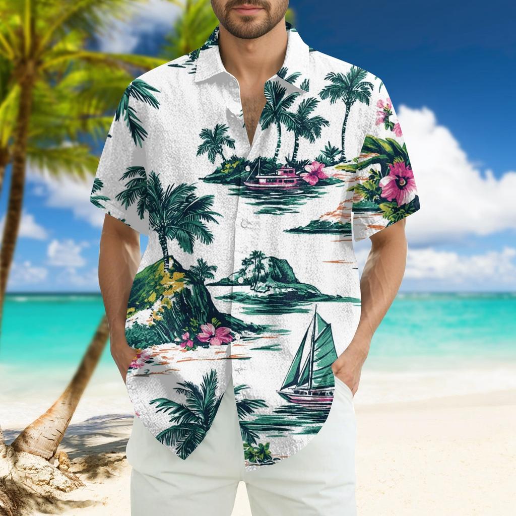 Мужская модная свободная гавайская принтованная пляжная рубашка с коротким рукавом