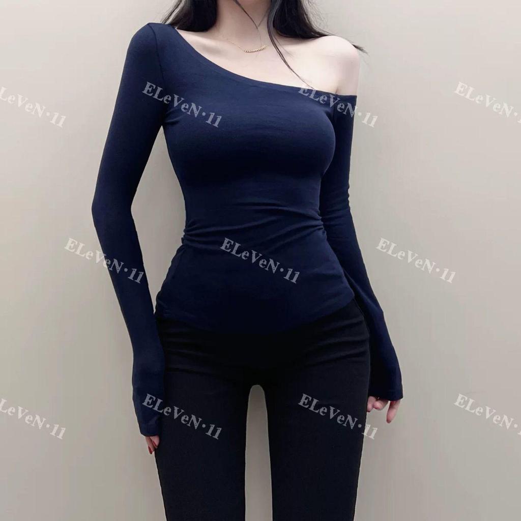 Корейский стиль Сексуальная футболка с открытыми плечами Slim Fit с длинным рукавом для осени/зимы