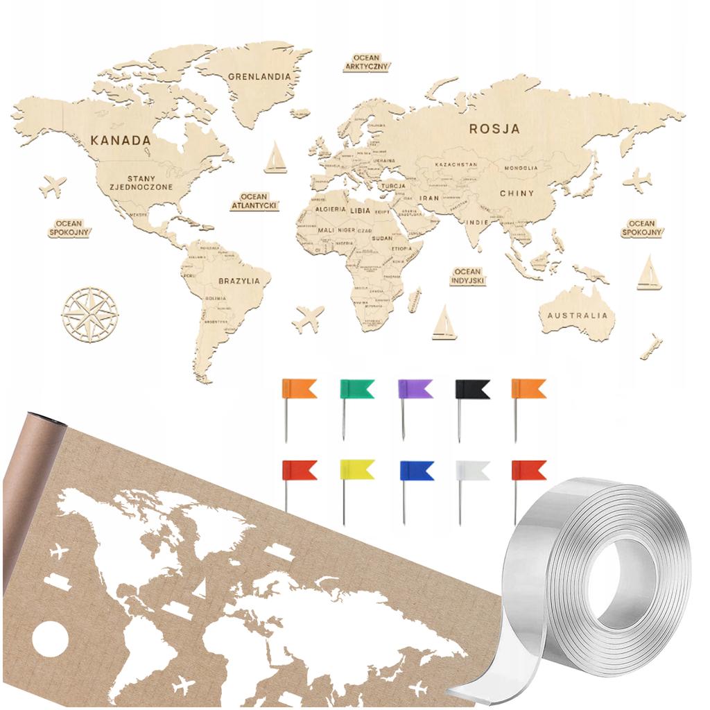 Wooden world map 120 cm with accessories World map for the wall of the country