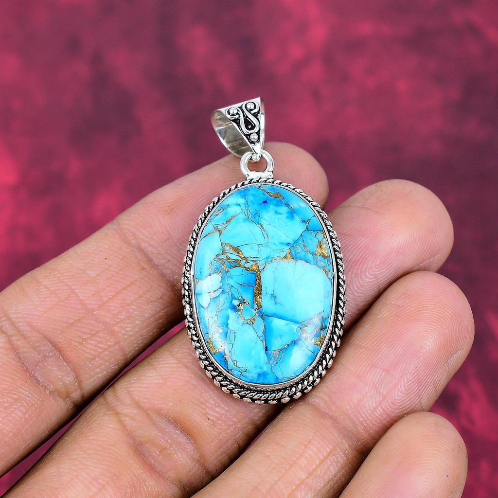 Голубой медный бирюзовый кулон ручной работы с драгоценными камнями, 925 пробы серебряный кулон, старинные ювелирные изделия, для подарка на помолвку