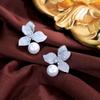 Zircons Noble White Gold Color Cubic Zirconia Elegant Big Flower Dangle Pearl Earrings for Women Wedding Party Jewelry E1150