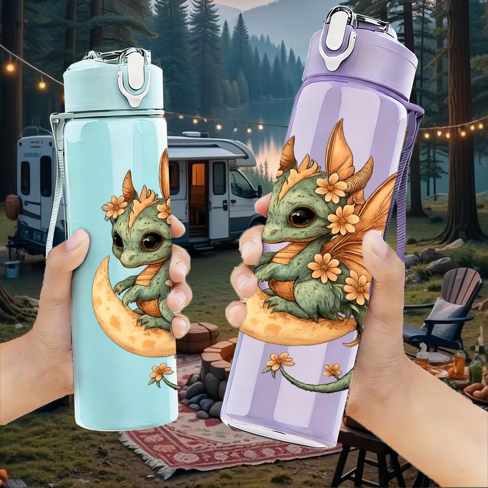 1PC Cute Green Baby Dragon 750ml Color Plastic Sports Water Bottle Leakproof Flip Straw Lid Suitable for Sports Office Home Use