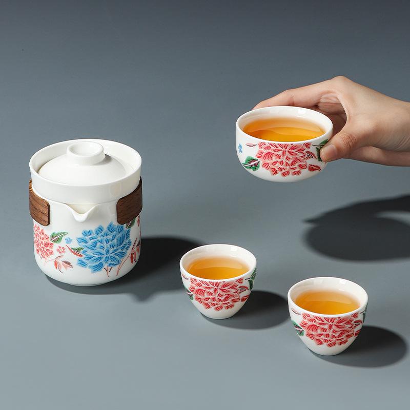 Suet jade porcelain travel tea set Peony embroidery business gift high-end tea set Portable travel tea set