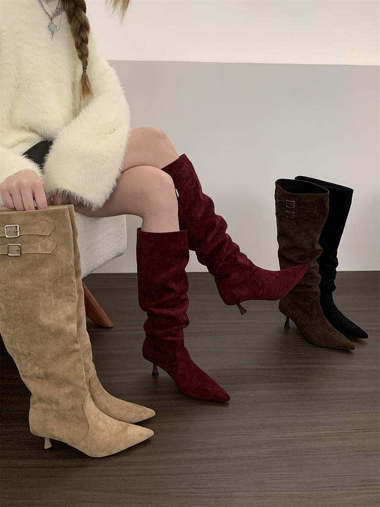 Мода остроносые женские ботинки челси высокие сапоги до колена замшевые зимние туфли-лодочки для вечеринок сапоги на тонком каблуке модные туфли для женщин