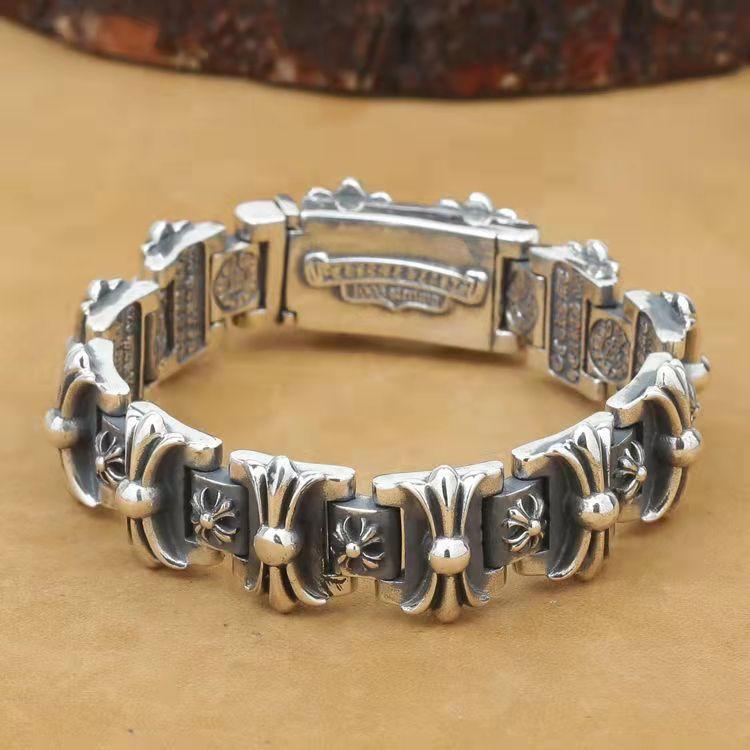 Retro Pure Punk Style Cross Flower Horseshoe Print Rough Mine Men's Bracelet Korean Jewelry