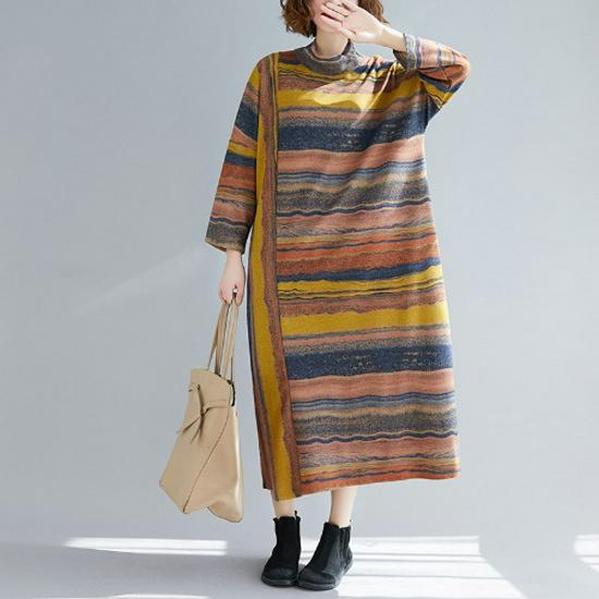 2023 Autumn Korean Style Loose Plus Size Irregular Stripe Long Sleeve Dress