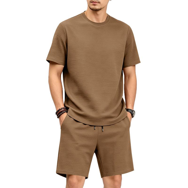 Men Casual Loose Textured Short Sleeve T Shirt And Shorts Two Piece Set