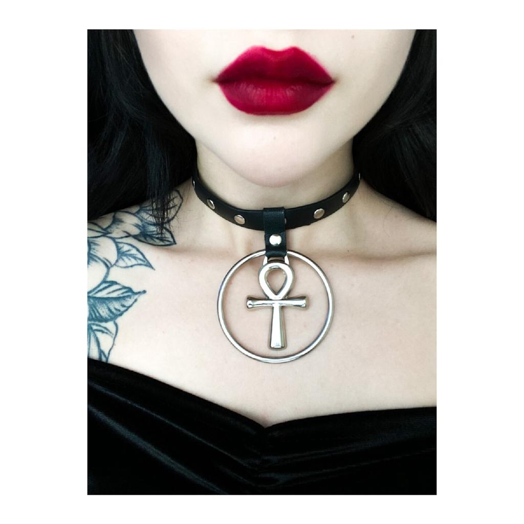 Gothic Punk Studded Faux Leather Ring Cross Choker Neck Collar