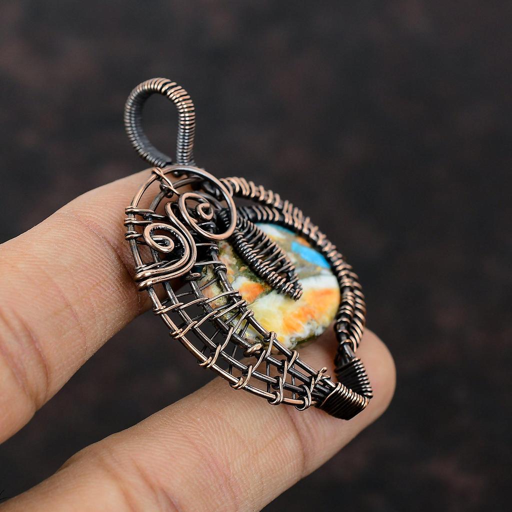 Подвеска из колючей устрицы и медной бирюзы, обернутая медной проволокой, украшения из натуральных драгоценных камней, подвеска ручной работы, украшения из медной проволоки, подарок для него