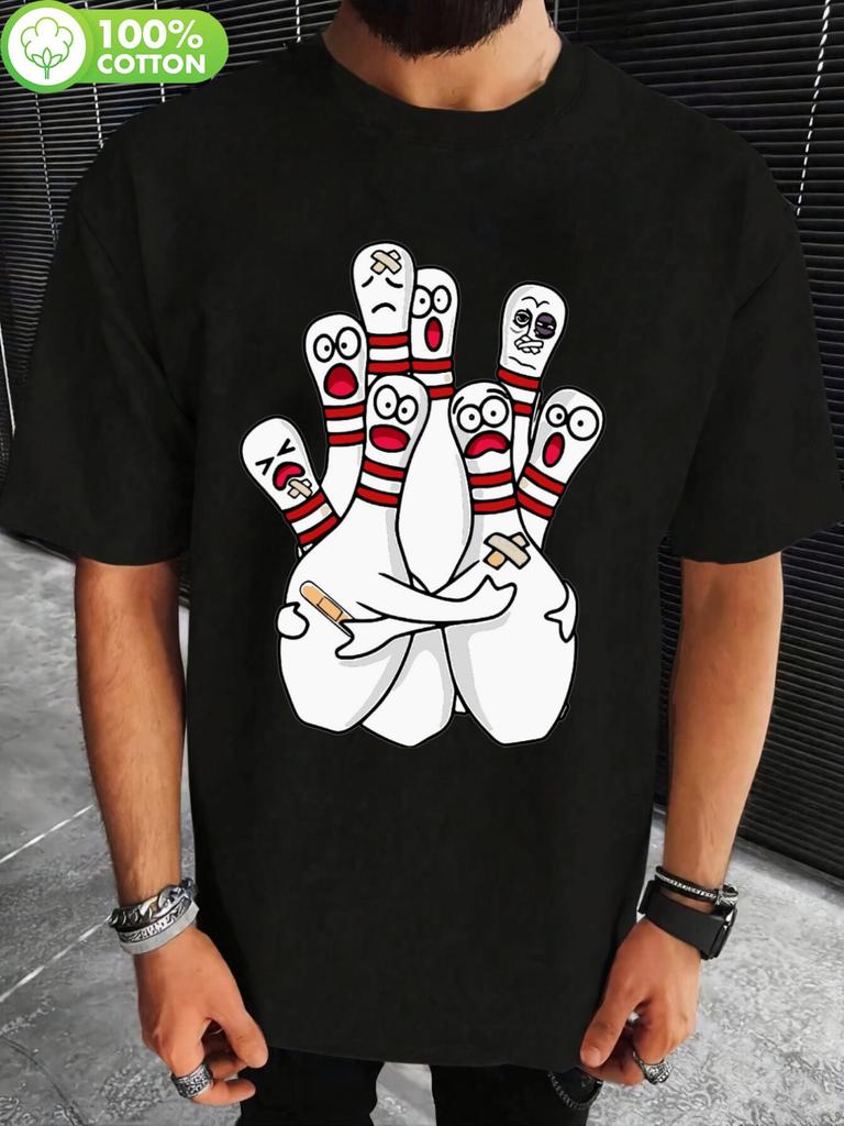 Plus Size Black Retro Bowling Print T-shirt - 100% Cotton Loose Fit Casual Crew Neck Short Sleeve Top for Summer