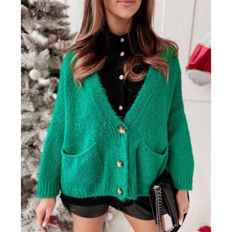 Женская осенне-зимняя вязаная куртка, свободный свитер с длинными рукавами и карманами, темперамент