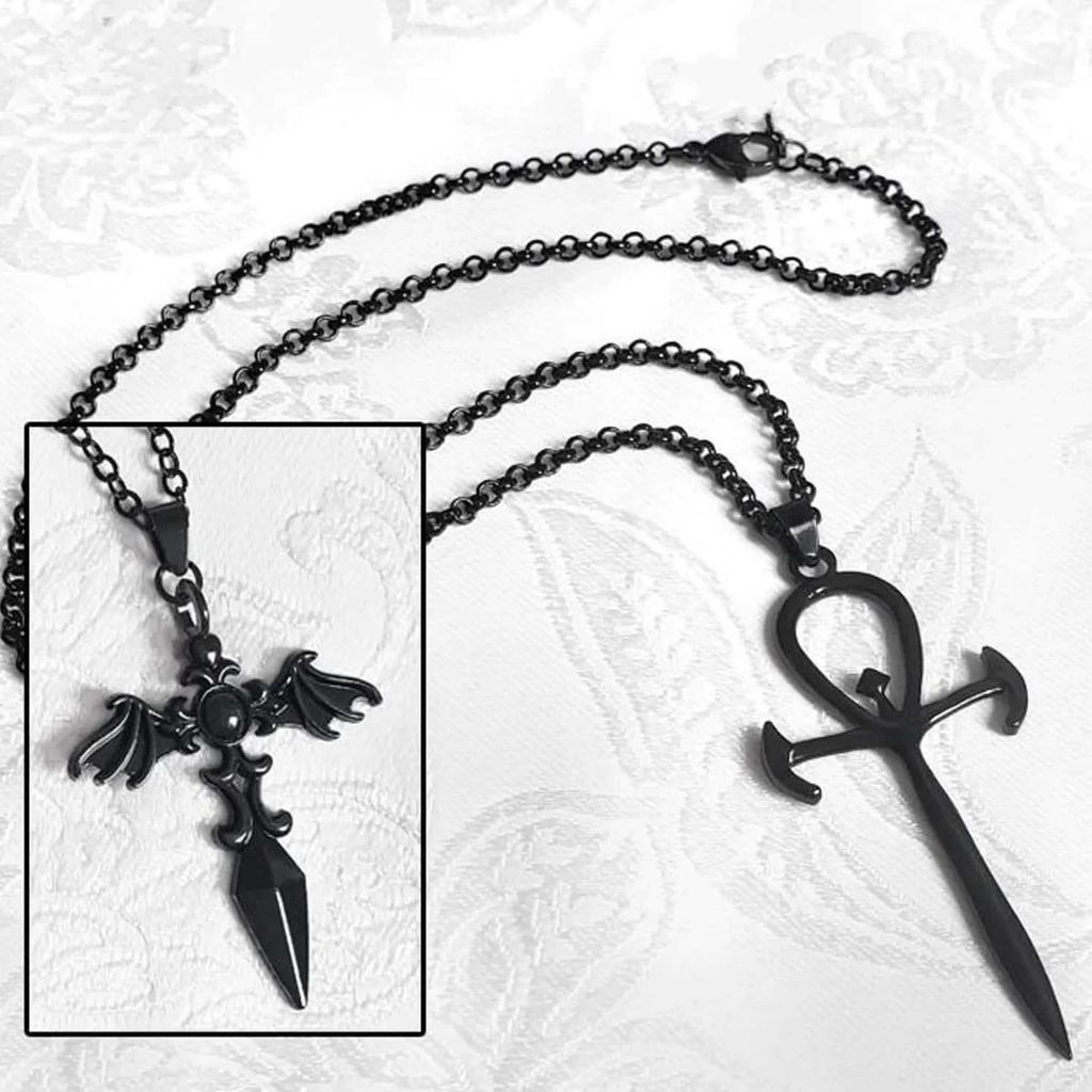 Gothic Sword Pendant Necklace, Winged Cross, Vampire Bat Wings, Unisex Statement Necklace