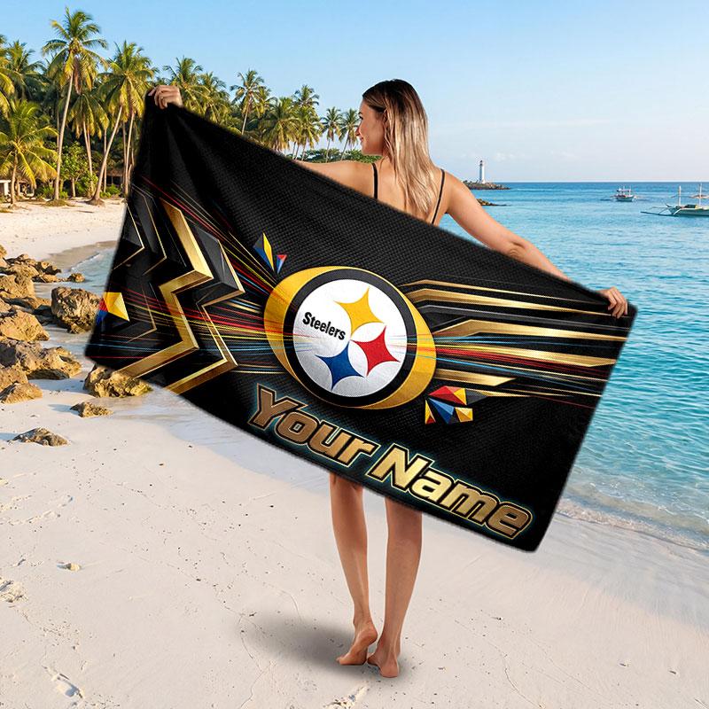 Pittsburgh Steelers Customized Name Text Beach Towel, Soft Absorbent Towel Beach Pool Travel Personal Gift