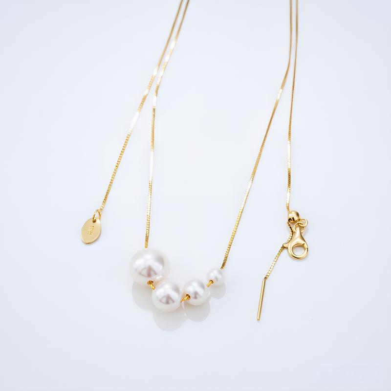 S925 Sterling Silver 14K Gold Plated Geometric Freshwater Cultured Pearl OT Clasp Thin Chain Adjustable Fashion Women's Necklace