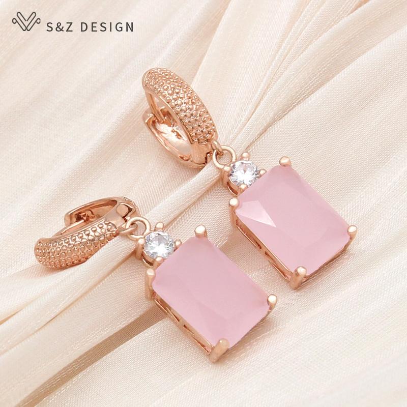 Fashion Pink Rectangle Cubic Zirconia Drop Earrings For Women Wedding Party Jewelry Classic Elegant Rose Gold Color Eardrop