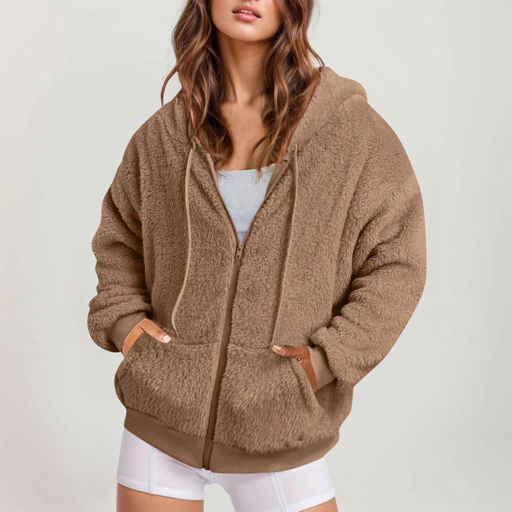 Women's Winter Fleece Windproof Zip Drawstring Front Pocket Outdoor Jacket Fleece Jacket