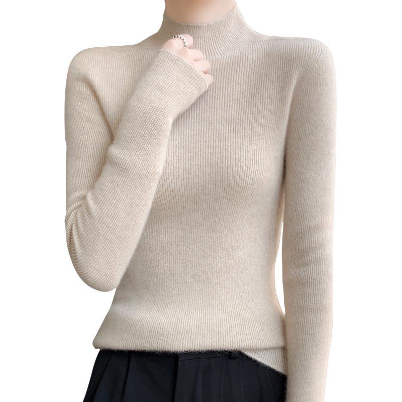 Women's Slim Fit Solid Color Knit Pullover Sweater – Autumn/Winter Long Sleeve Half-High Neck Base Layer