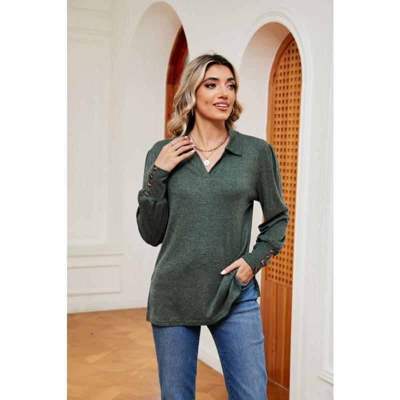 Spring and Autumn Women's Blouse Lapel Long Sleeve Button Loose Milled Long Sleeve Top