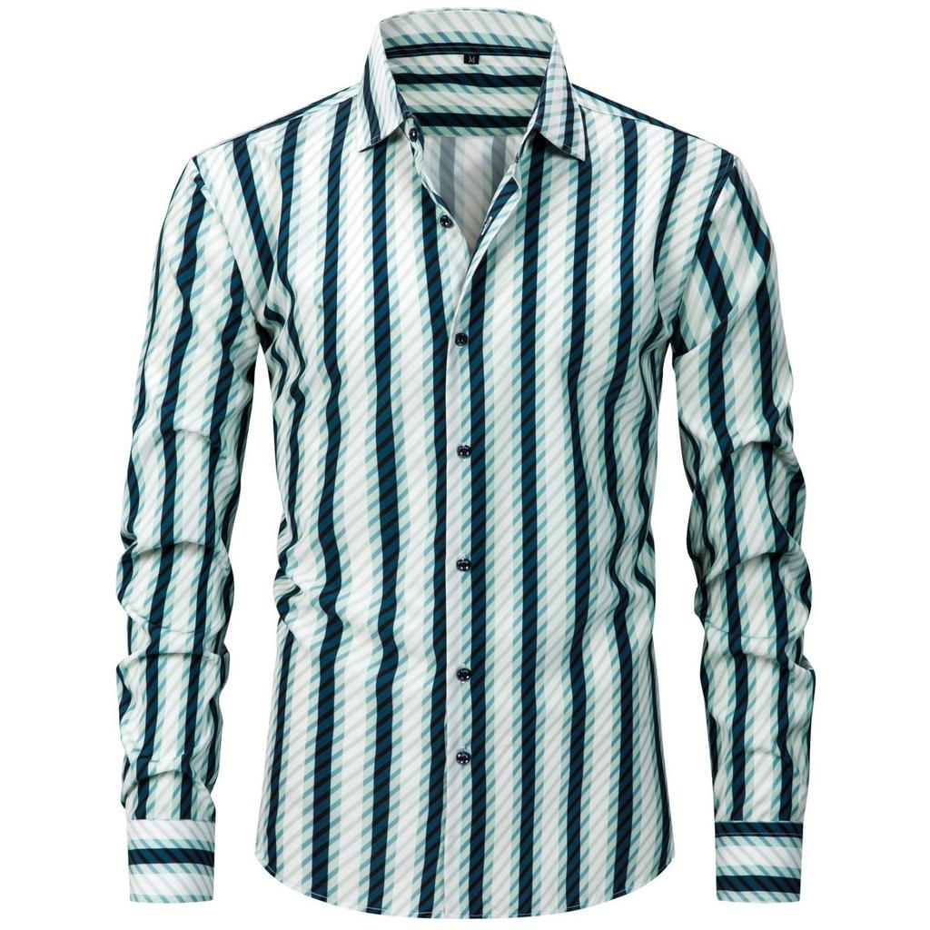 Мужская эластичная клетчатая полосатая рубашка с длинным рукавом большого размера, мужская рубашка на пуговицах светлого цвета с квадратным воротником и цифровой печатью